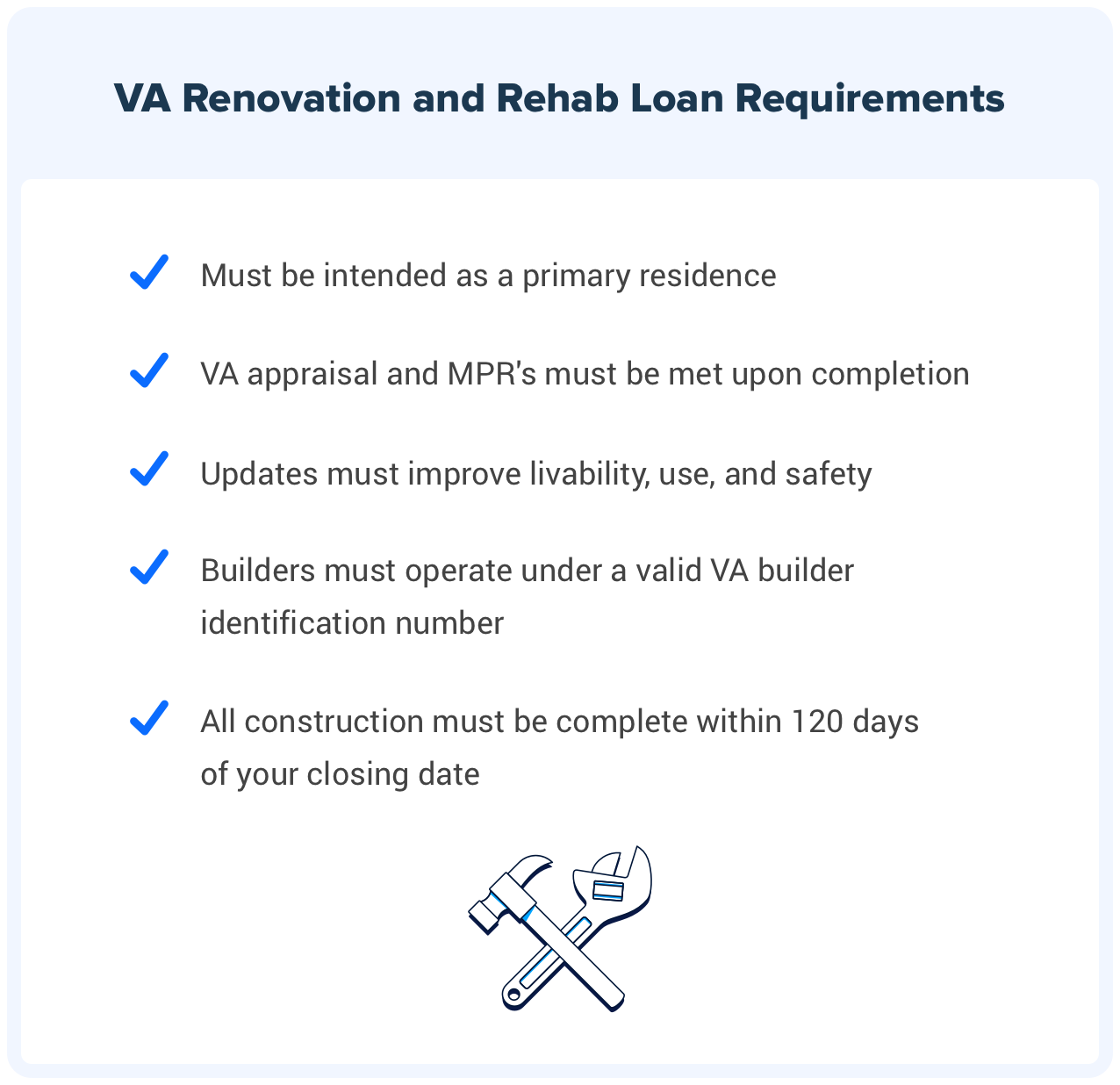 List of VA rehab and renovation loan requirements.