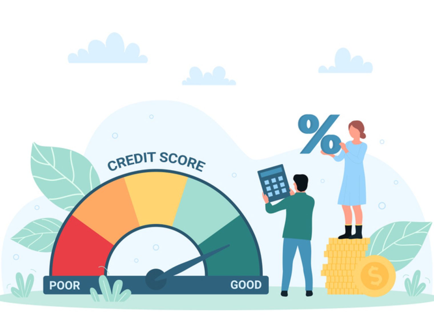 An illustration showing a large credit score meter with zones from 'poor' to 'good', and characters interacting with financial symbols like a calculator and percentage sign.