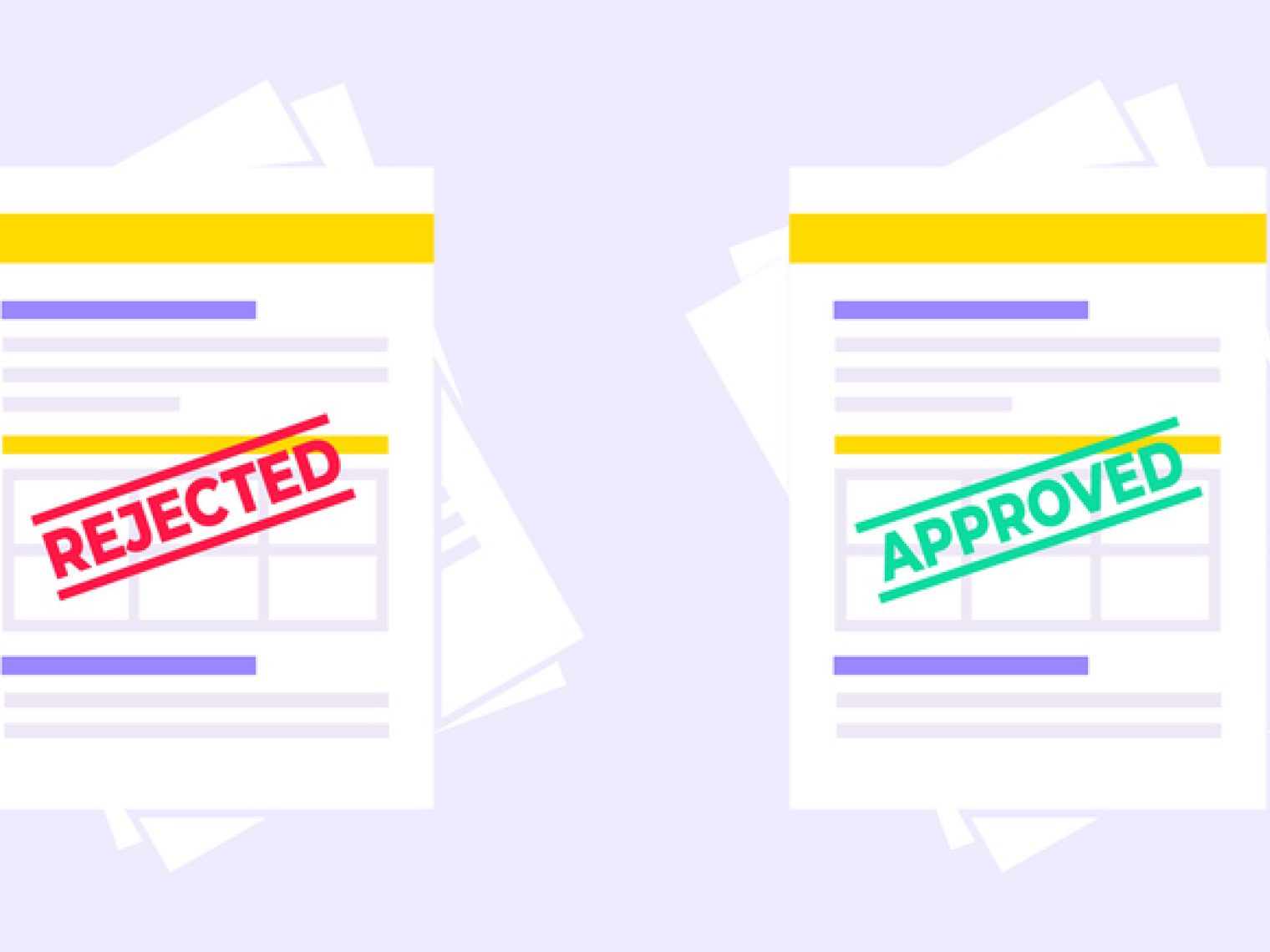 An illustration of two piles of documents, one stamped with "REJECTED" in red and the other with "APPROVED" in green, indicating contrasting outcomes for applications.