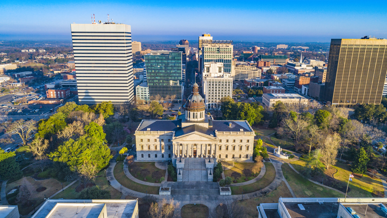 An aerial view of Columbia, SC's government center during the day