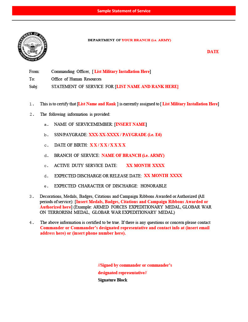 Statement of service example document.